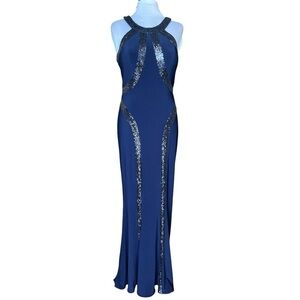 Faviana Navy Blue Sequin Panel Halter Gown Formal Evening Dress Size 6 Prom